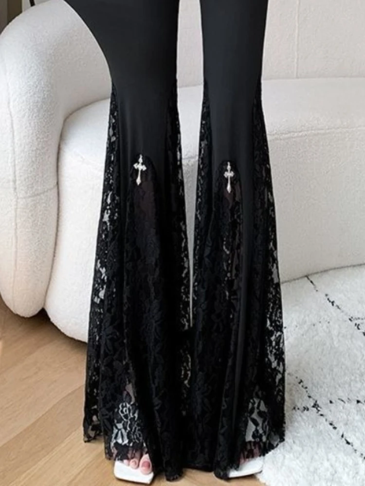 กางเกงแฟชั่นสไตล์ญี่ปุ่นย้อนยุค แต่งผ้าลูกไม้ ทรงบาน เอวสูง ทรงเข้ารูป สไตล์ลำลอง สำหรับผู้หญิง ฤดูใบไม้ผลิ ฤดูใบไม้ร่วง ปี 2025 สวยเก๋ ทันสมัย