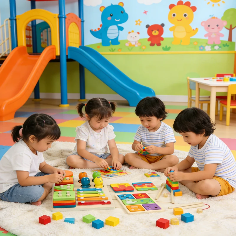 Conjunto de pesca de madeira com formas geométricas infantis, cores combinadas com blocos de construção para educação infantil e brinquedos de quebra-cabeça.
