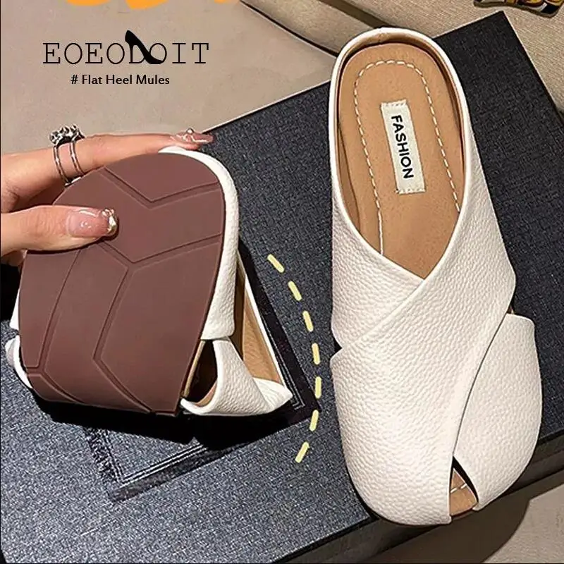 Women Flat Slippers Shoes Summer Peep Toe Leather Flat Sandals Mules Casual Shoes