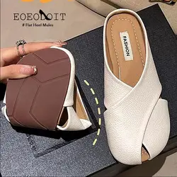 Sandalias planas de cuero con punta abierta para mujer, zapatos informales, Verano