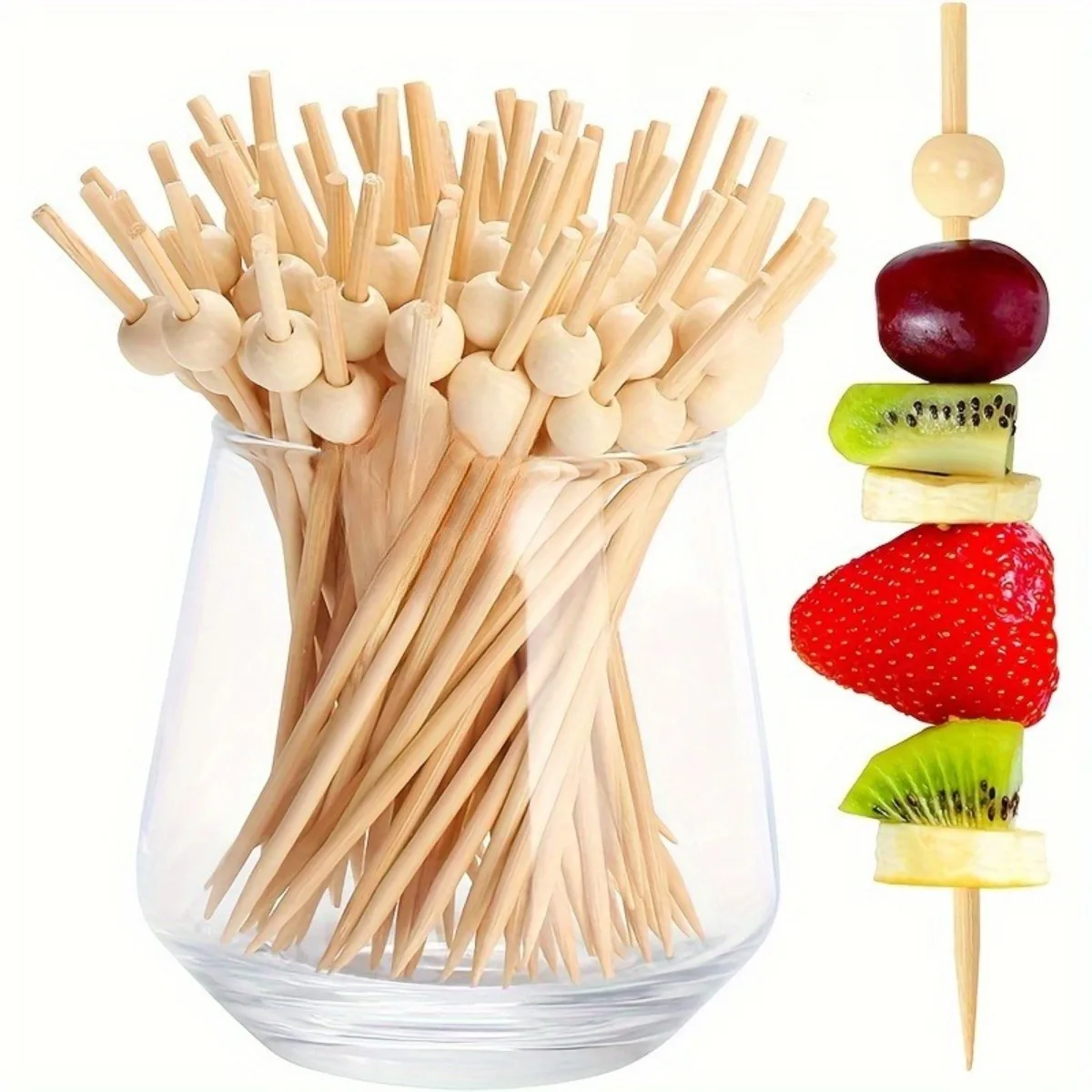 

200Pcs Unique Shaped Wooden Cocktail Toothpicks, Round Ball Top Decorative Food Skewers, Multipurpose Appetizer Picks for Fruit Cold Cut Platter, Drink Garnish Sticks for Wedding Birthday Buffet Holiday Home Party Catering Supplies
