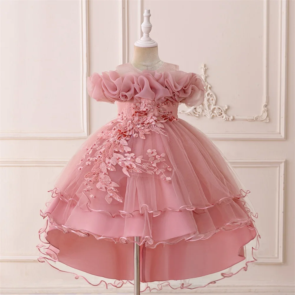 

Girl Embroidered Beading Mesh Trailing Skirt Elegant Princess Wedding Childrens Birthday Fashion Party Piano Performance Costume