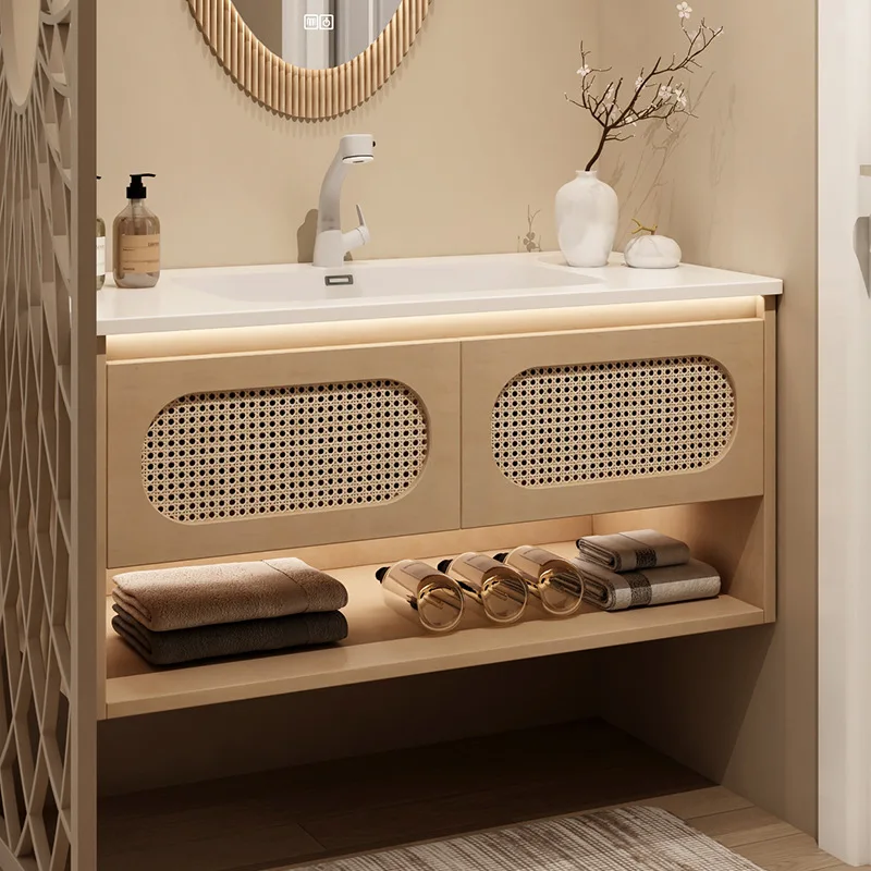 

Log wind rattan bathroom cabinet combination integrated ceramic basin washbasin washbasin cabinet