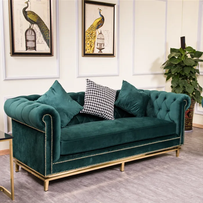 Living room sofa model home, living room three-person fabric pull-button sofa, fully renovated