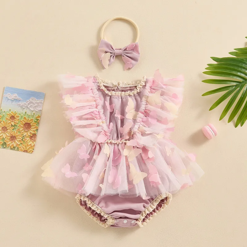 Baby Girls Rompers Dress Butterfly Embellished Fly Sleeve Mesh Skirt Hem Infant Bodysuits Summer Clothes with Headband