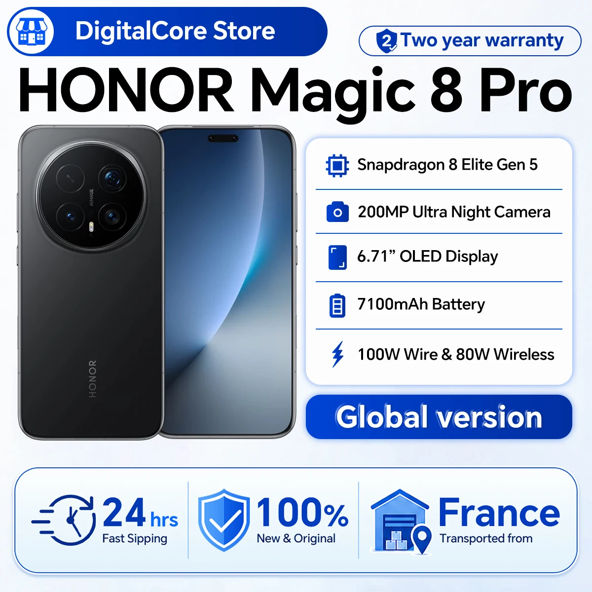 Wereldwijde versie Honor Magic 8 Pro 5G smartphone, 6,71 inch OLED-scherm, Snapdragon 8 Elite Gen 5, 200 MP Aimage-camera, 7100 mAh, 100 W, NFC, eSIM.