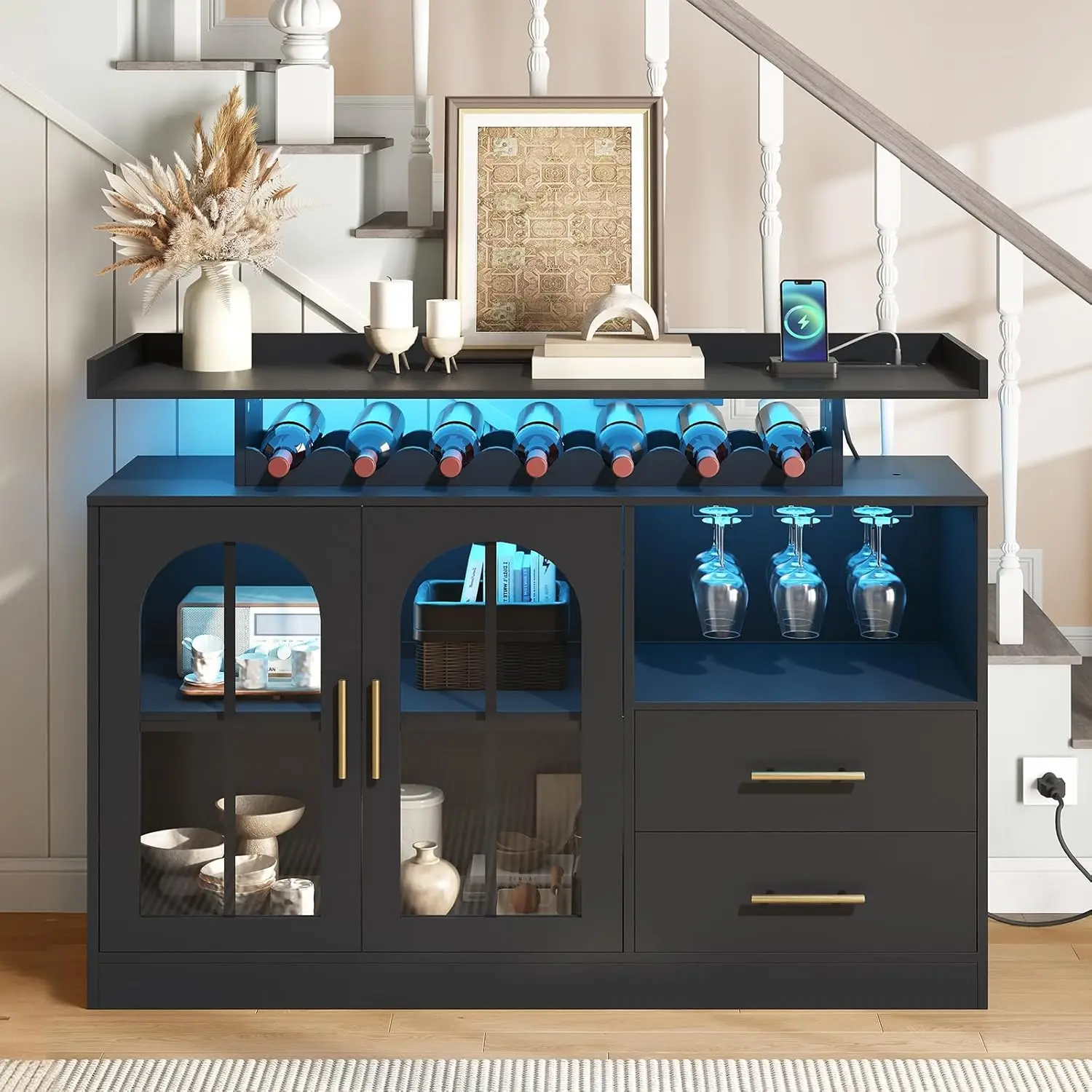 LED Bar Cabinet Wine Storage Buffet Sideboard with Charging Station Glass Rack Drawers for Kitchen Dining Room, Customized