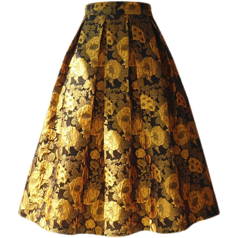 Skirt Women's Spring High Waist A-Line Umbrella Skirt Long Heavy Industry Embroidered Jacquard Puff Long Skirt