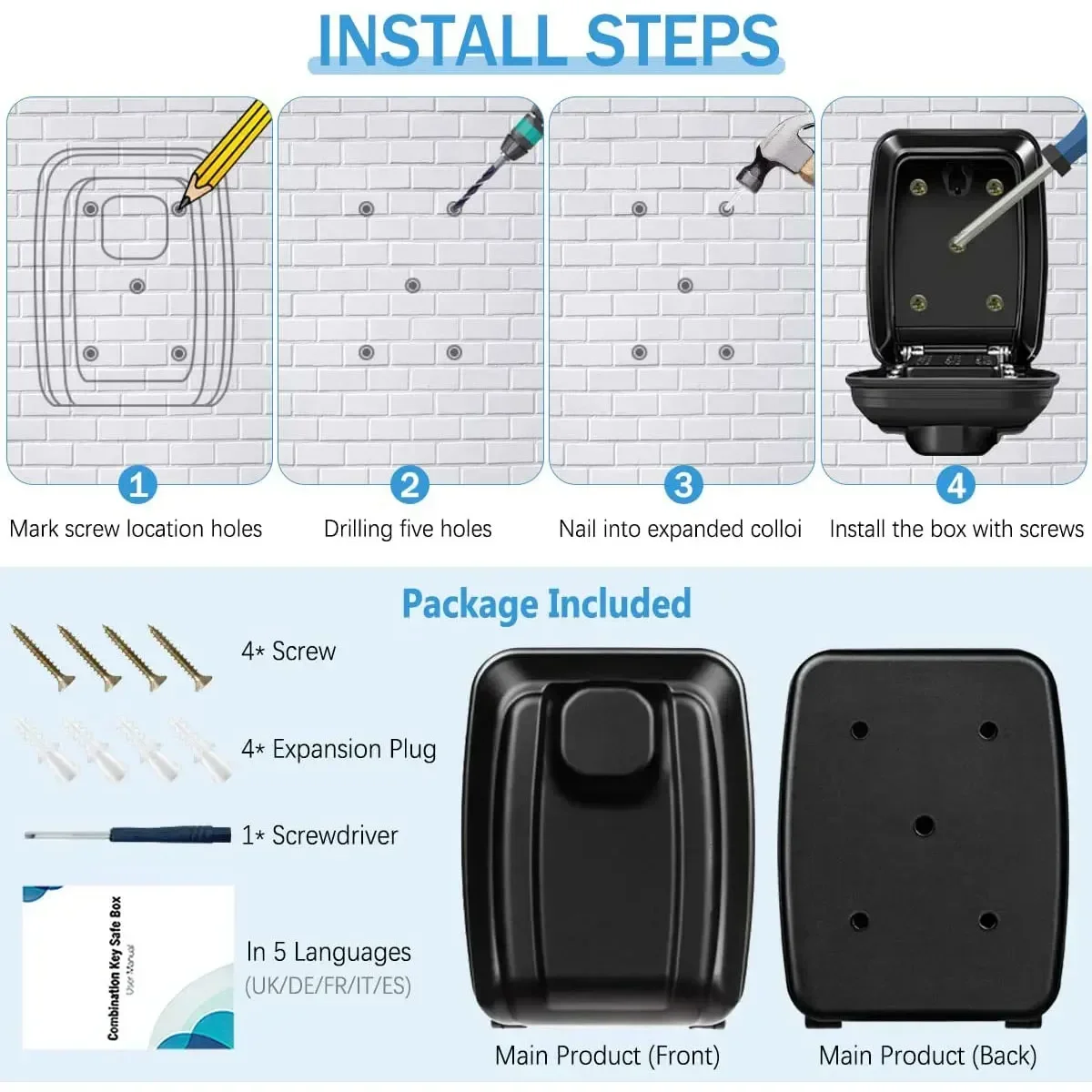 Key Lock Box with Push Button Wall Mounted Spare Key Storage Box Portable Combination Key Lock Box Weatherproof Safe Key Keeper