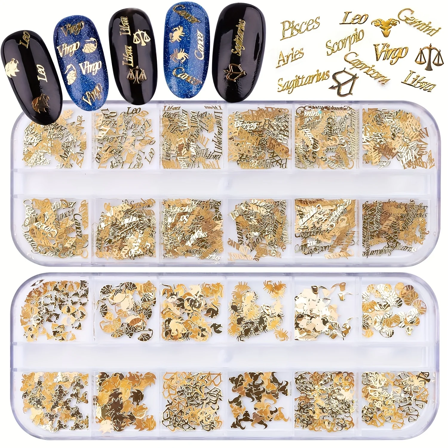 2 Boxes Twelve Zodiac Nail Decoration, Golden Zodiac Nail Art Charm, Alloy Nail Glitter Aquarius Nail Art Decoration