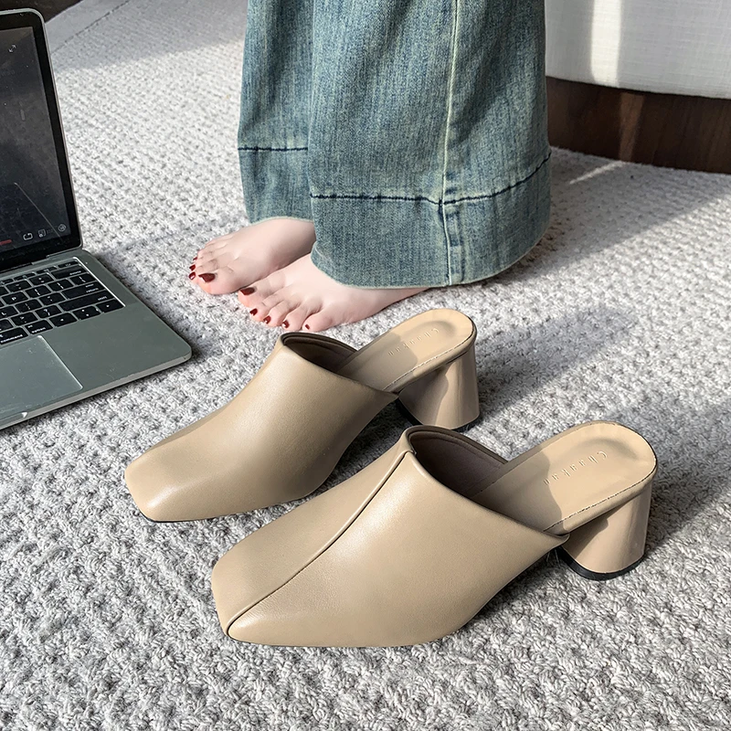 Women's Fashion Baotou Slippers Spring New Square Head Deep Mouth Anti-slip Wear-resistant High Heels