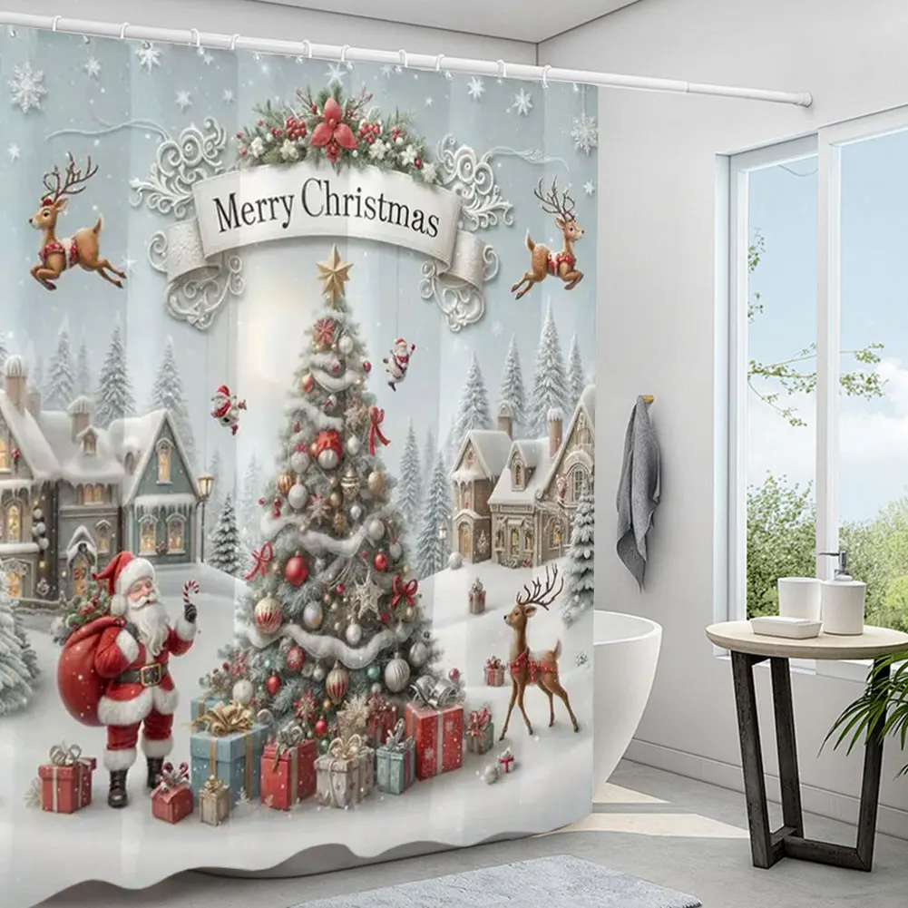 Christmas Shower Curtain Polyester Fabric Santa Claus Decorative Bath Curtain Machine Washable Christmas Holiday Bathroom Decor