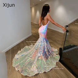 Xijun Sexy Mermaid Long Evening Gowns Spaghetti Strap V-Neck Prom Dresses Formal Backless Prom Gowns Sequined Pleats Party Gowns