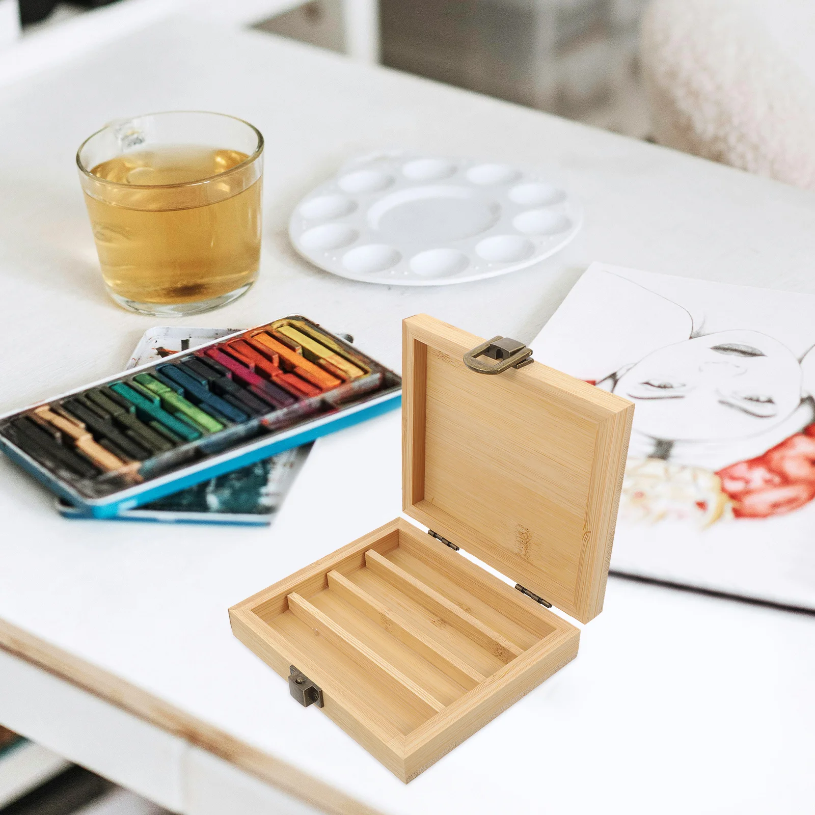 Empty Pigment Box Watercolor Paint Palette Portable Mixing Tray Bamboo Container Case Travel