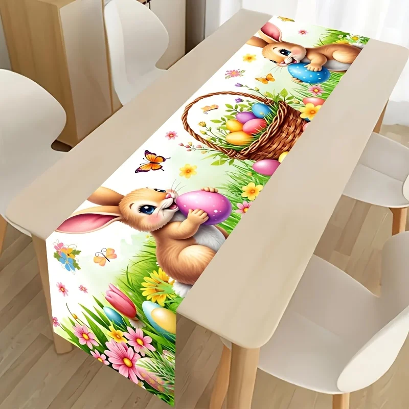Nappe de table à imprimé lapin de Pâques, œuf, fleur et papillon, style ferme, pour salle à manger, cuisine, fête, décoration de la maison, 1 pièce