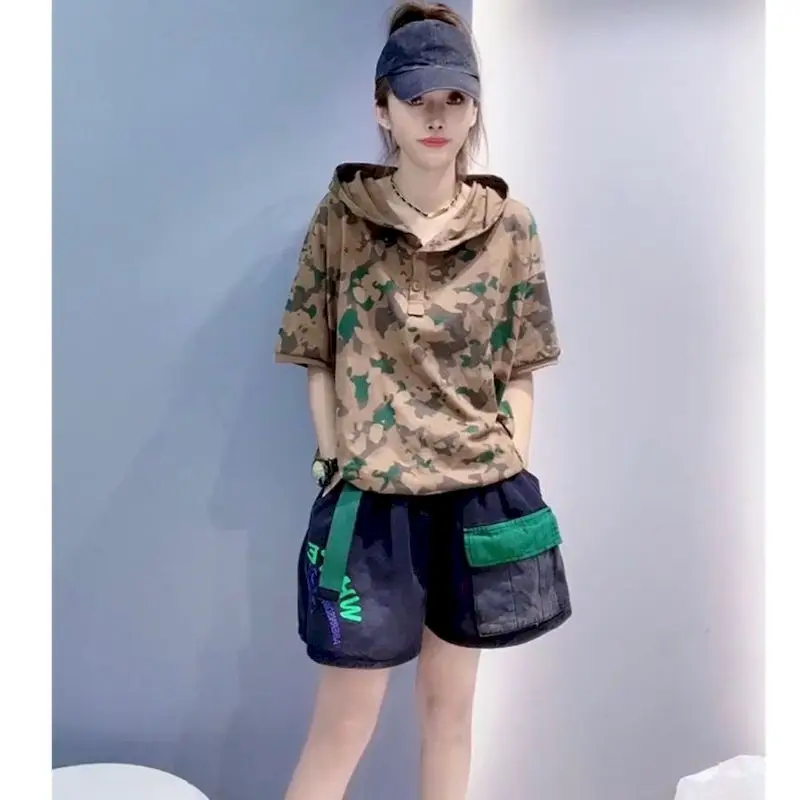 Camouflage T Shirts Women Fashion Hooded Short Sleeve T-shirt Casual Loose Y2k Tops 2024 Summer Trend Thin Tshirt 98% Cotton Top