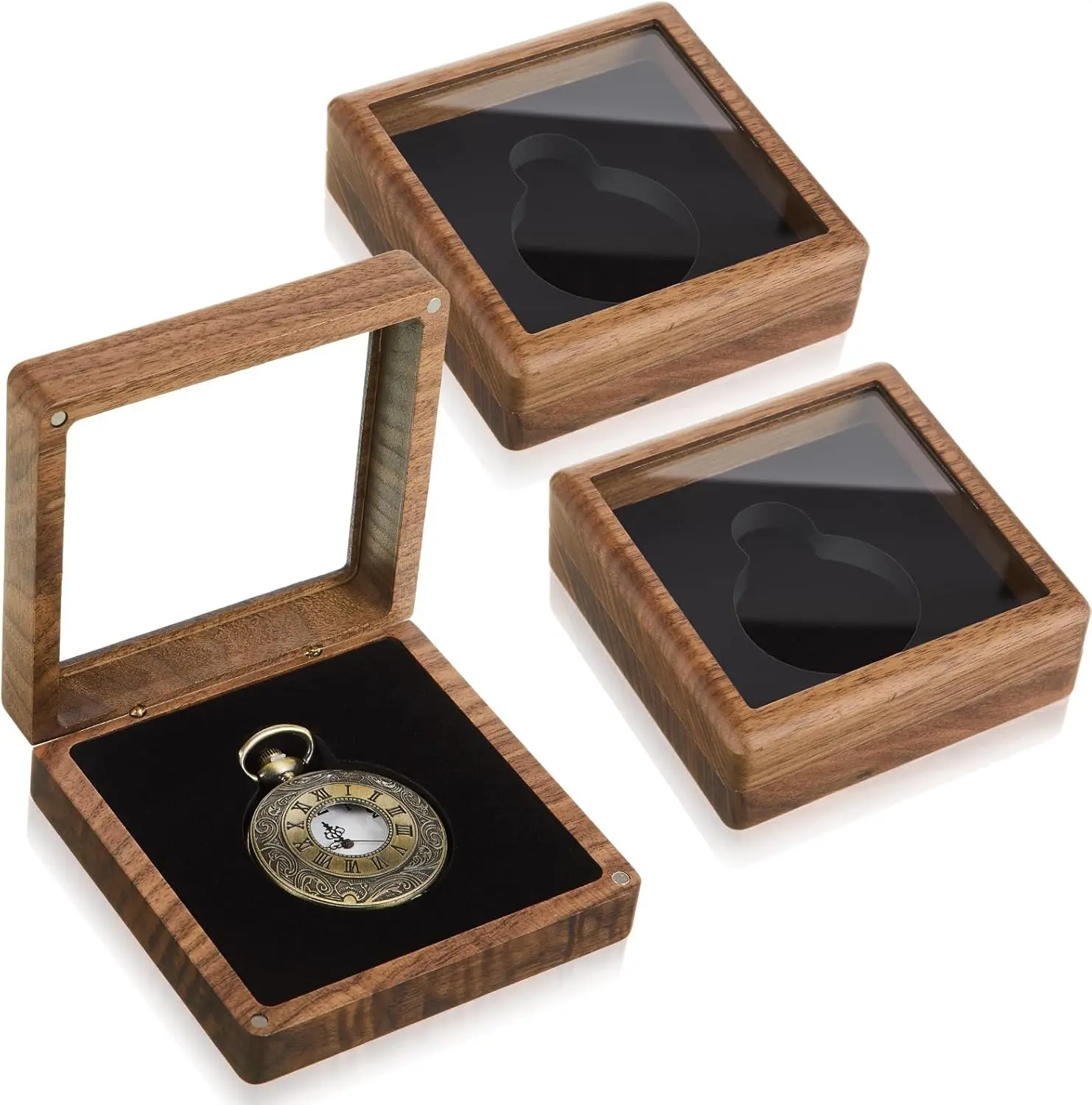 

Wooden Pocket Watch Display Case for 1.89 Inch Watch with Clear Acrylic Window, 2 Pack Walnut Gift Box for Men Women Vintage
