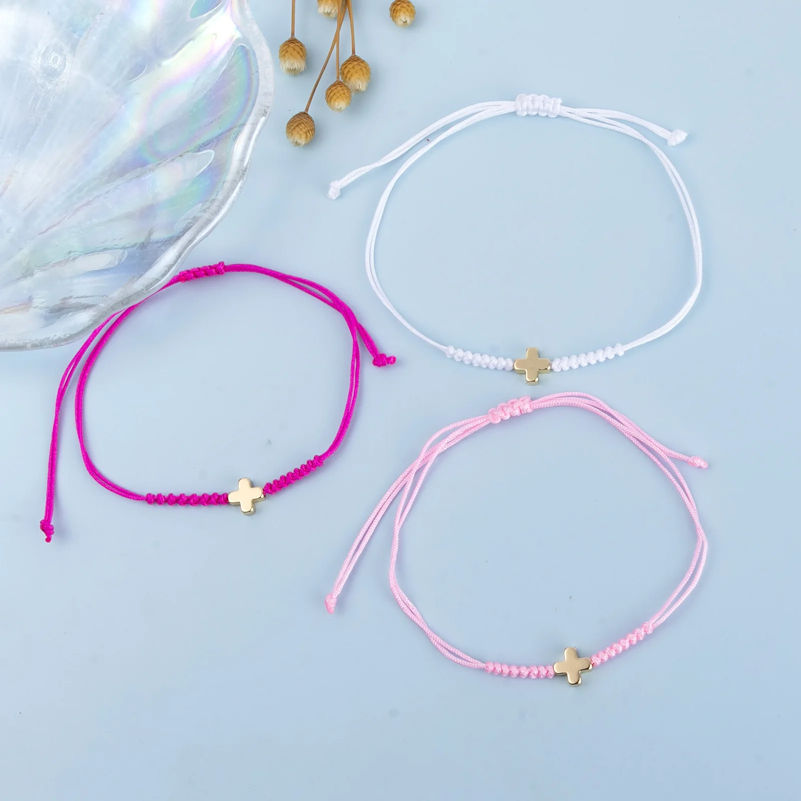 12pcs/card fashion simple gold-plated cross multi-color rope braided European and American adjustable bracelet
