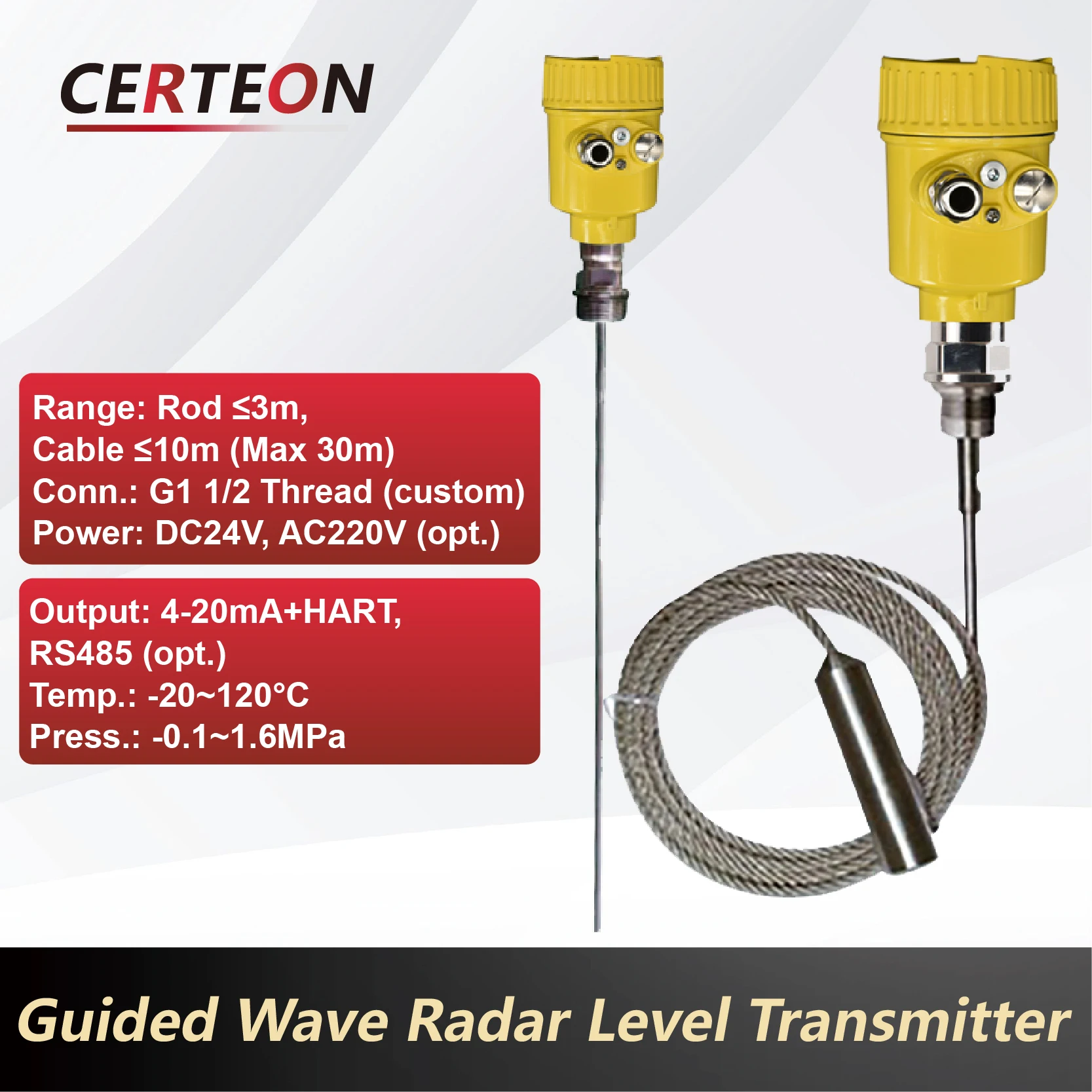 ความถี่สูง 26GHz เซ็นเซอร์ระดับเรดาร์ป้องกันการระเบิด 4-20mA Guided Wave เครื่องส่งสัญญาณ Rod สายหน้าแปลนเกลียว