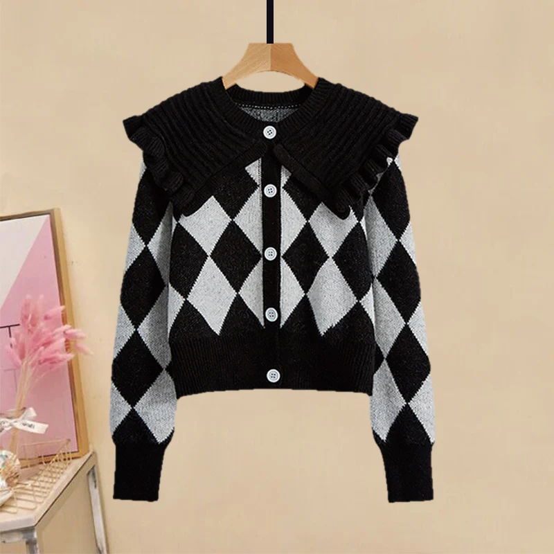 프리미엄 니트 스웨터 여성용 하이웨이스트 슬림 데님 진 돌칼라 니트웨어 가을 겨울 신상 슬레 컬리지 패션