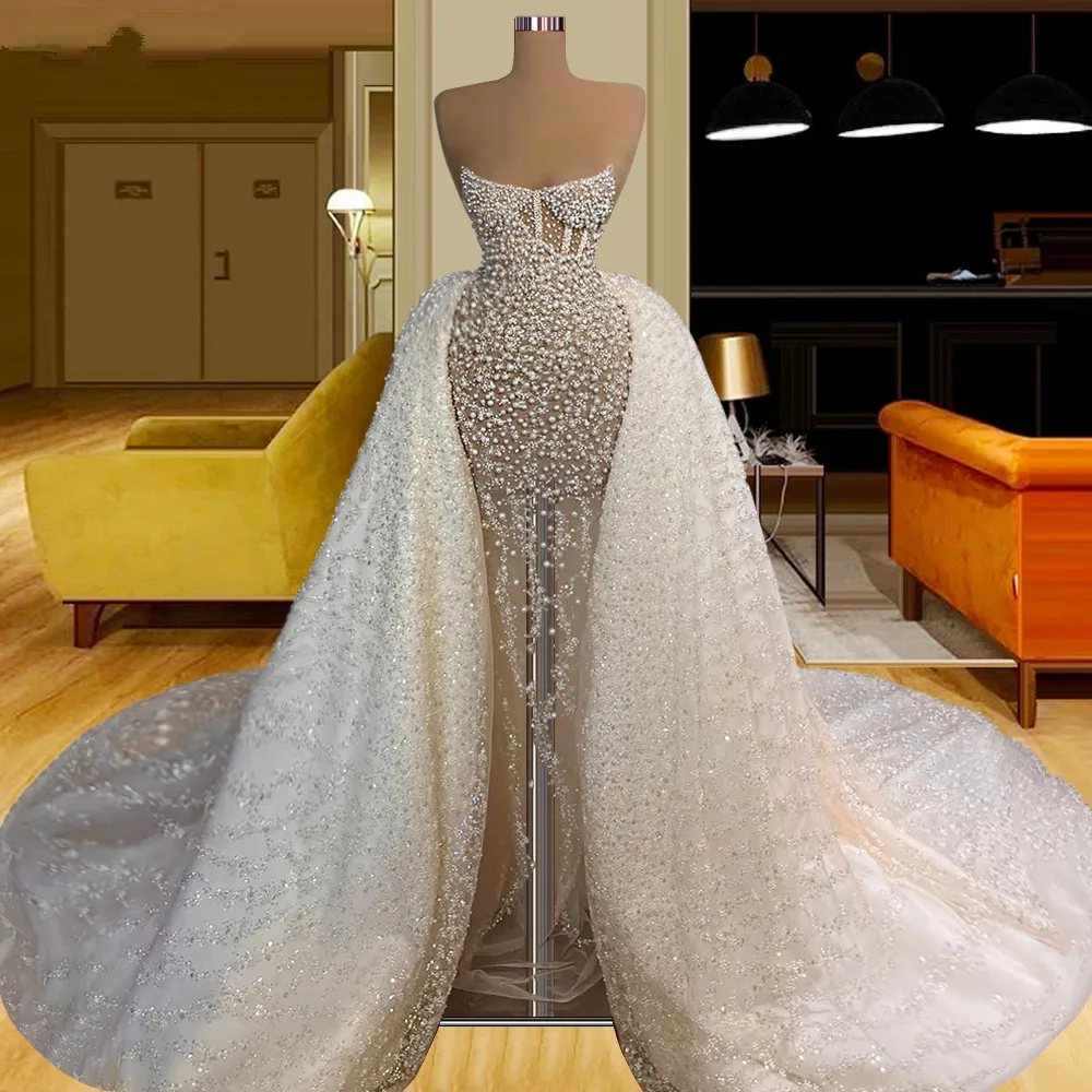 

Elegant Mermaid Beading Bridal Gowns Strapless Pearls Lace Wedding Dress Custom Made with Detachable Train Vestido de novia