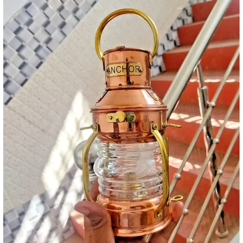 Alfa Nautical Gold Brass Round Oil Lamp Lantern 10 Inch Decorative Home Lighting Coastal Industrial Design Metal Handicraft