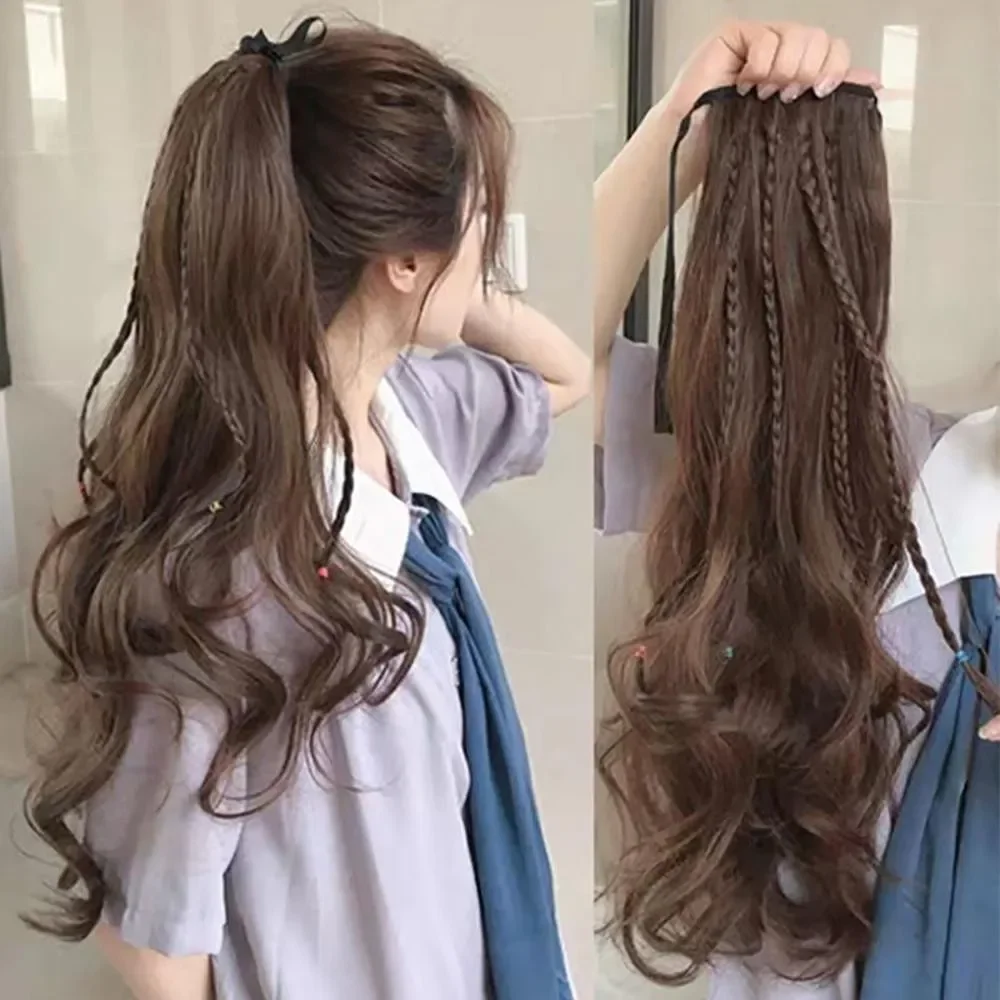

60cm Women Synthetic Wavy Braided Tassel Fake Ponytail Wig Curly Pony Tail Girls Hottie Extensions Accessories