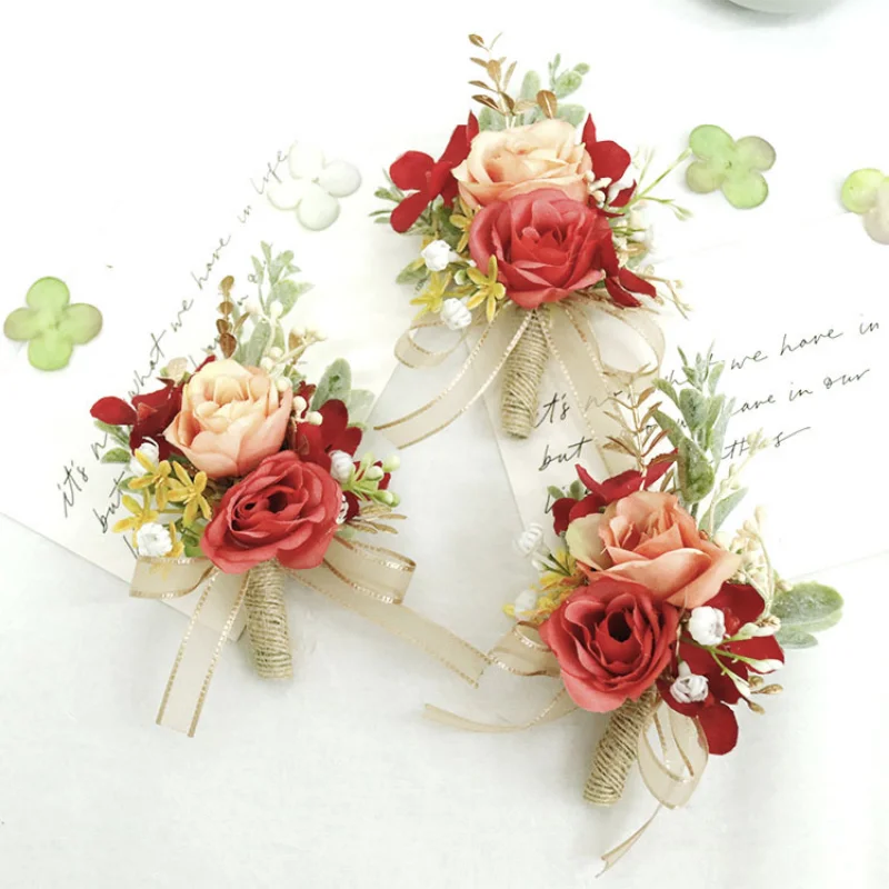 ประดิษฐ์ Buttonhole งานแต่งงานเจ้าบ่าว Boutonniere Corsage สร้อยข้อมือ Bridesmaid สีขาวสีชมพูดอกไม้ผ้าไหมเข็มกลัดแต่งงาน Pins