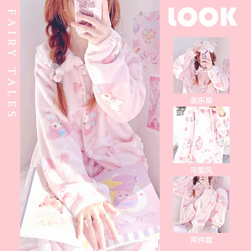 Hot Kawaii My Melody Coral Velvet Pajamas Girls Cute Tops Pants Plus Velvet Thickened Autumn Winter Home Clothing Casual Suit