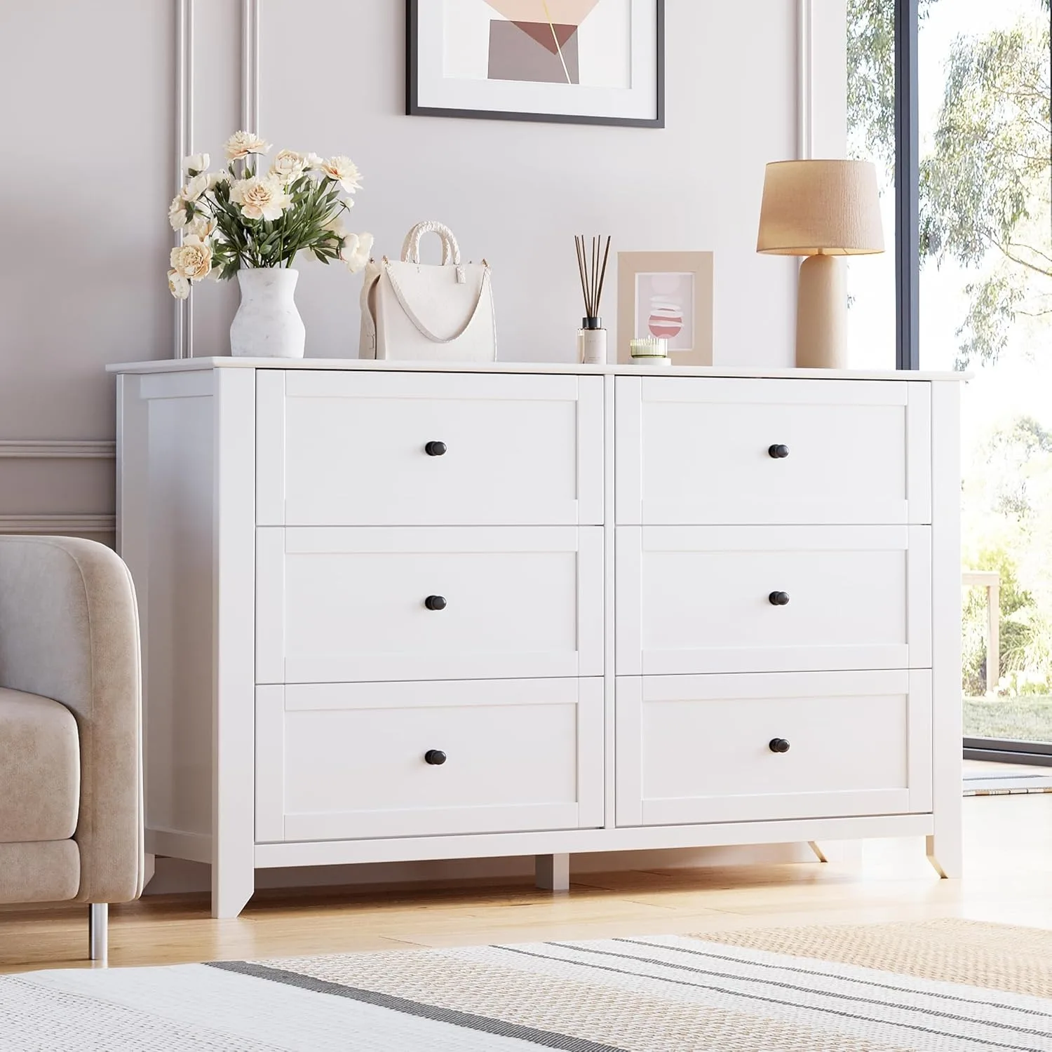 6 Drawer Dresser Modern Wood Storage Cabinet 54 Inch Wide Chest with Deep Drawers Metal Knobs Anti Tip Design Bedroom Living Room Entryway Organizer