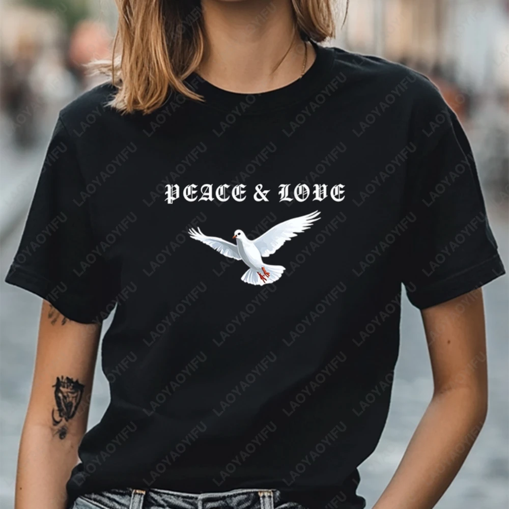

Peace & Love Dove Graphic Tee Cotton Unisex T-Shirt for Adults Soft Casual Streetwear with Symbolic White Dove Print Tee