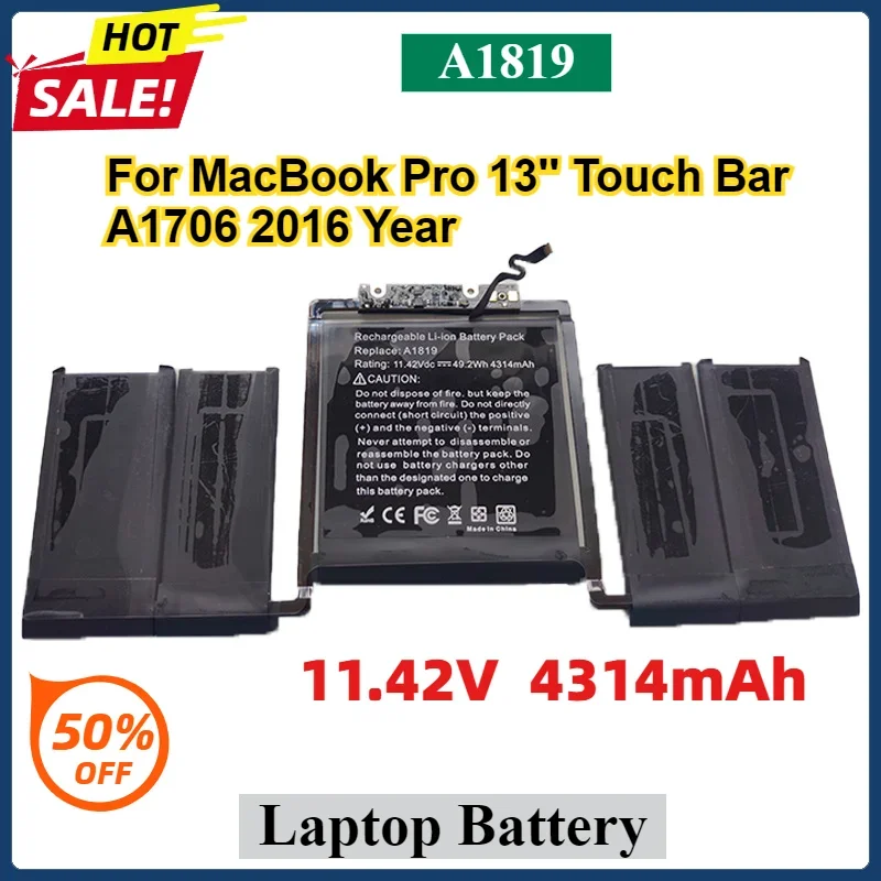 

NEW A1819 A1819 A1706 Laptop Battery For MacBook Pro 13'' Touch Bar A1706 2016 Year 11.42V 4314mAh High Quality Batteries