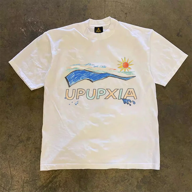 Loose Fit Cotton T-Shirt Unisex Short Sleeve Double Thread UPUPXIA Hero Print Sweat Absorbent round Neck Casual Summer Top