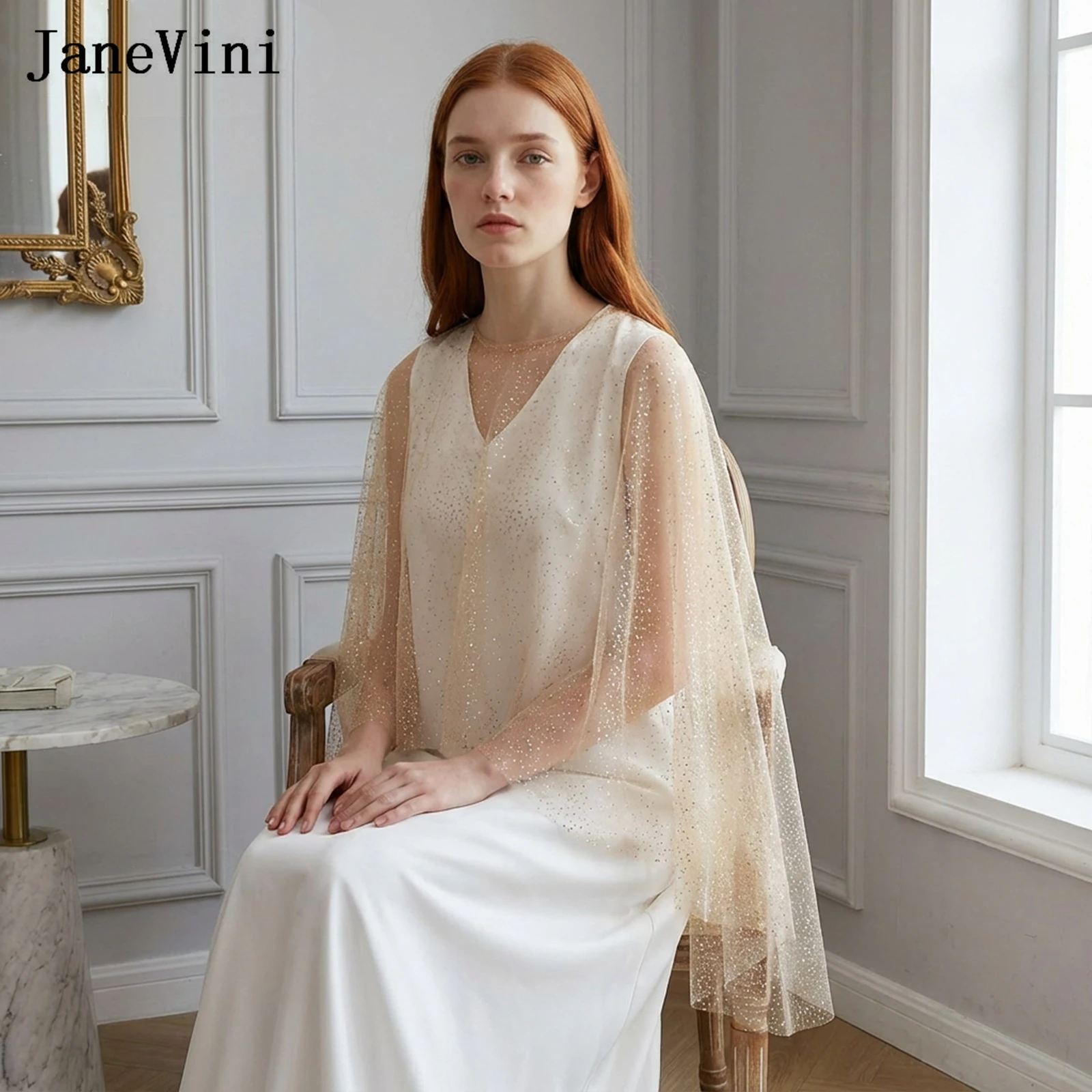 JaneVini Sparkling Champagne Glitter Tulle Bridal Cape Sheer Wedding Shawl Wraps Bride Shoulder Cover White Capa Invitada Boda
