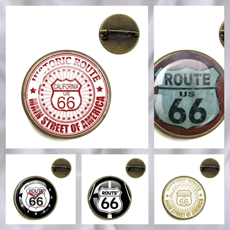 New Style Classic US Route 66 Signs 20mm/25mm Round Brooch US Route 66 Handmade Jewelry Accessories Fans Gift
