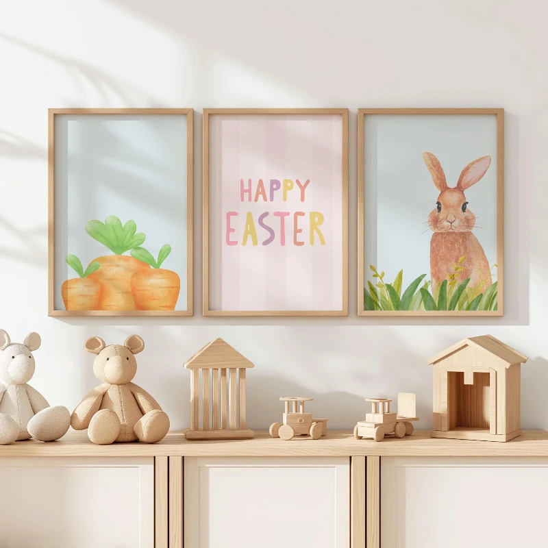 3PC Easter Decoration Poster Set, Spring Wall Art, Easter Bunny Wall Art, Pastel Easter Decor, Minimalist Easter Prints