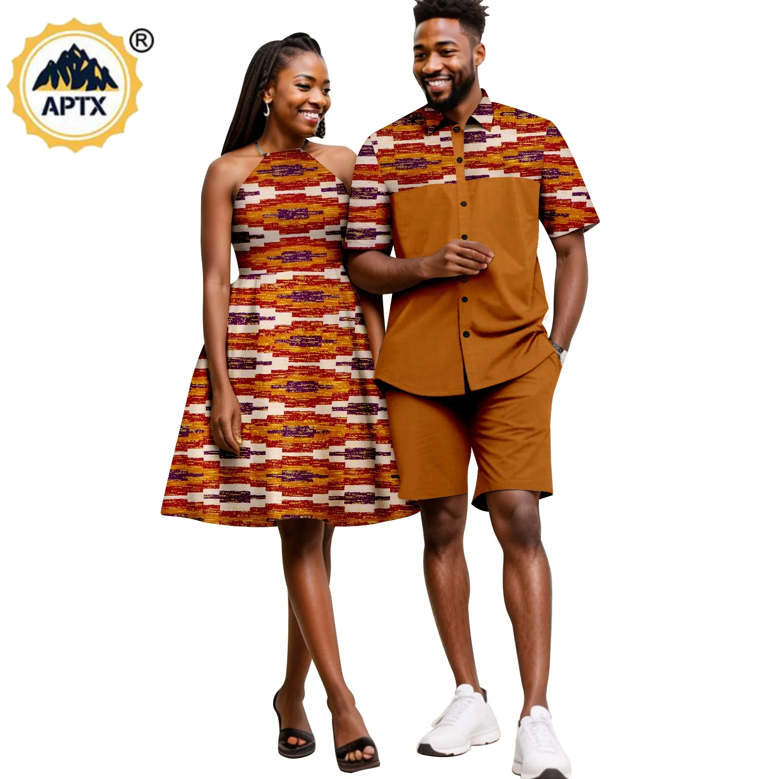 

Summer African Sexy Halter Dresses for Women Matching Men Outfits Top Shirt and Short Pant Sets Bazin Couple Clothes 24C028