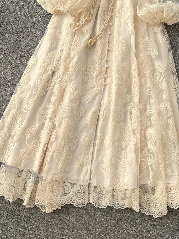 봄 여름 유럽 미국 스탠드 칼라 싱글 브레스트 레이스 드레스 여성 우아한 자수 대형 스윙 롱 드레스 C205