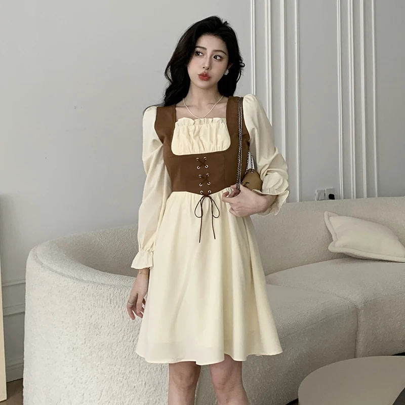 Summer New Small Fragrant Wind Fake Two Piece Dress Women\'s Spring Waist Waist Slimming A-line Skirt Long sleeved Short Skirt