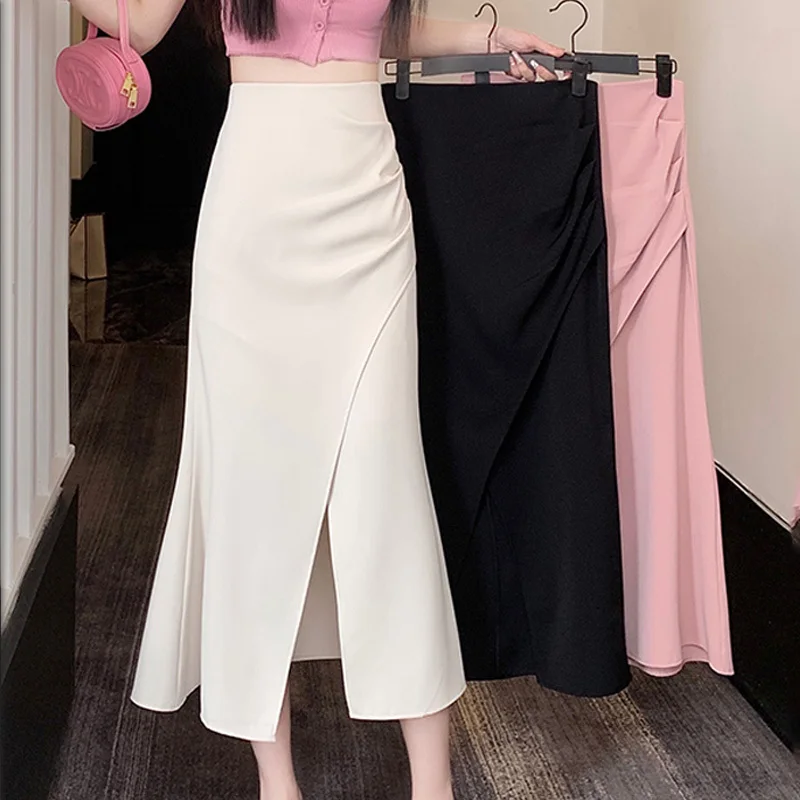 Hot Sales New Design Chic Korea Fashion Women Office Lady Solid Black High Waist Black Long Split Skirts