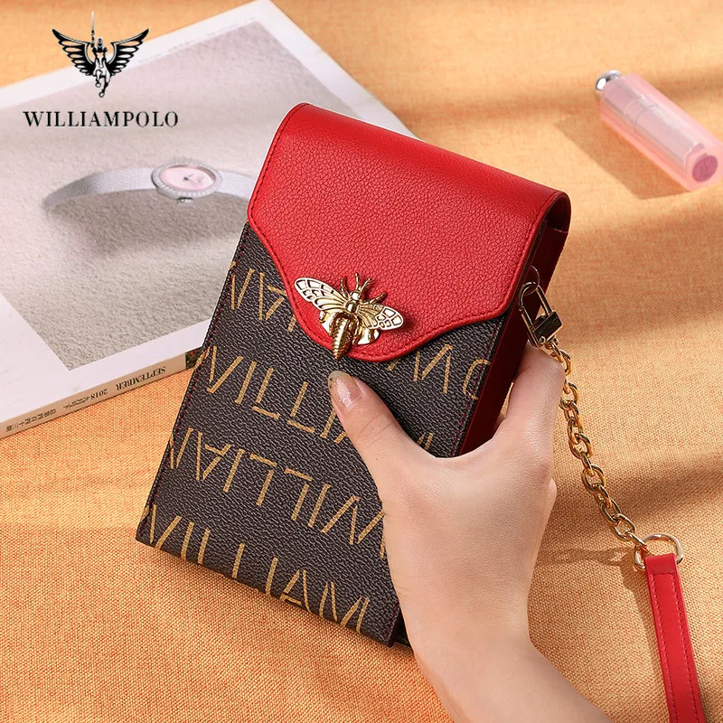 WILLIAMPOLO Women\'s Wallet Shoulder Mini Leather Bags Straps Mobile Phone Big Card Holders Wallet Handbag Money Pockets Girls