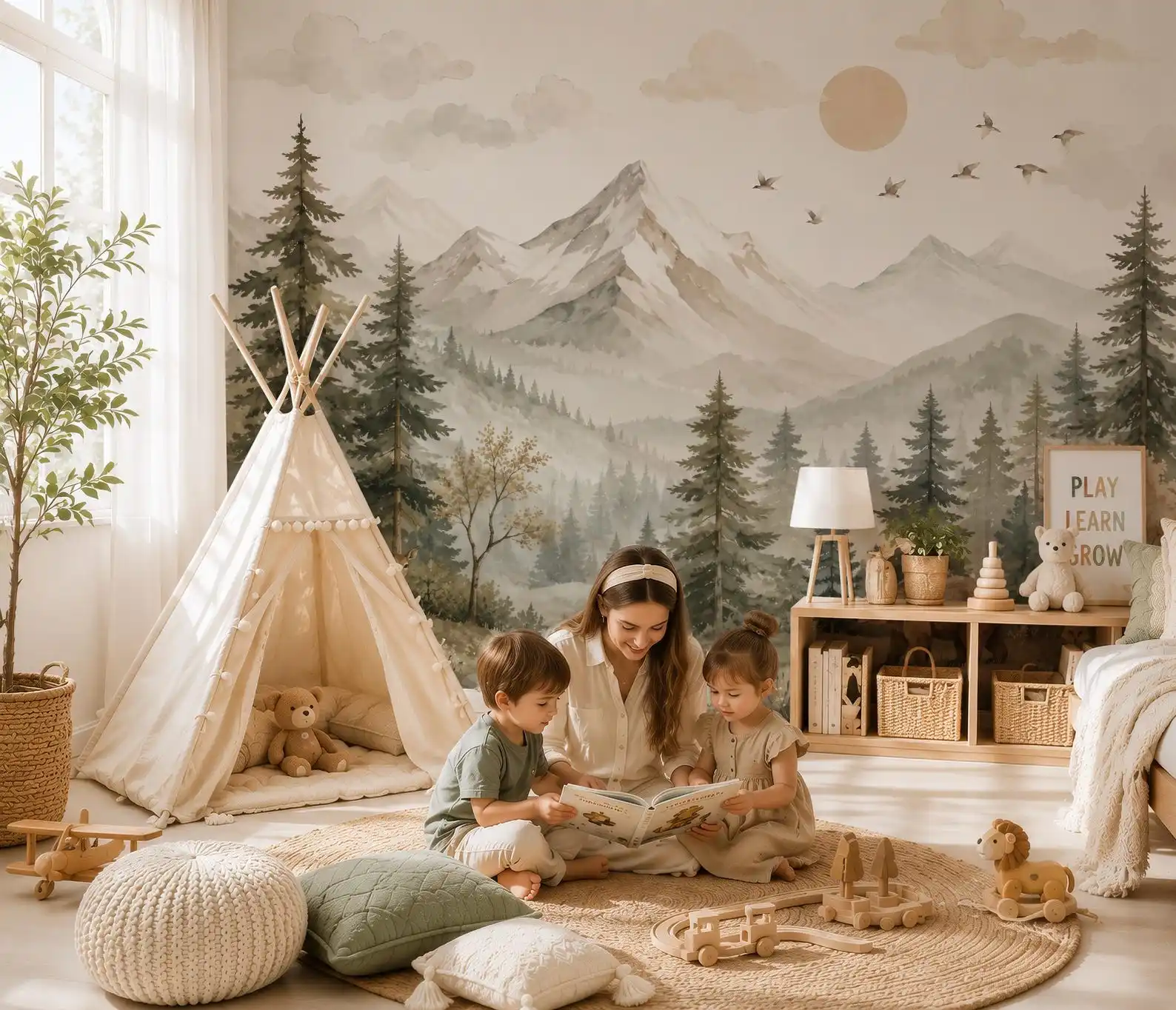 Customized Wallpaper Neutral Forest Wallpaper | Forest Nursery Mural Children's Wallpaper, Cartoon Animal Forest wallpaper mural