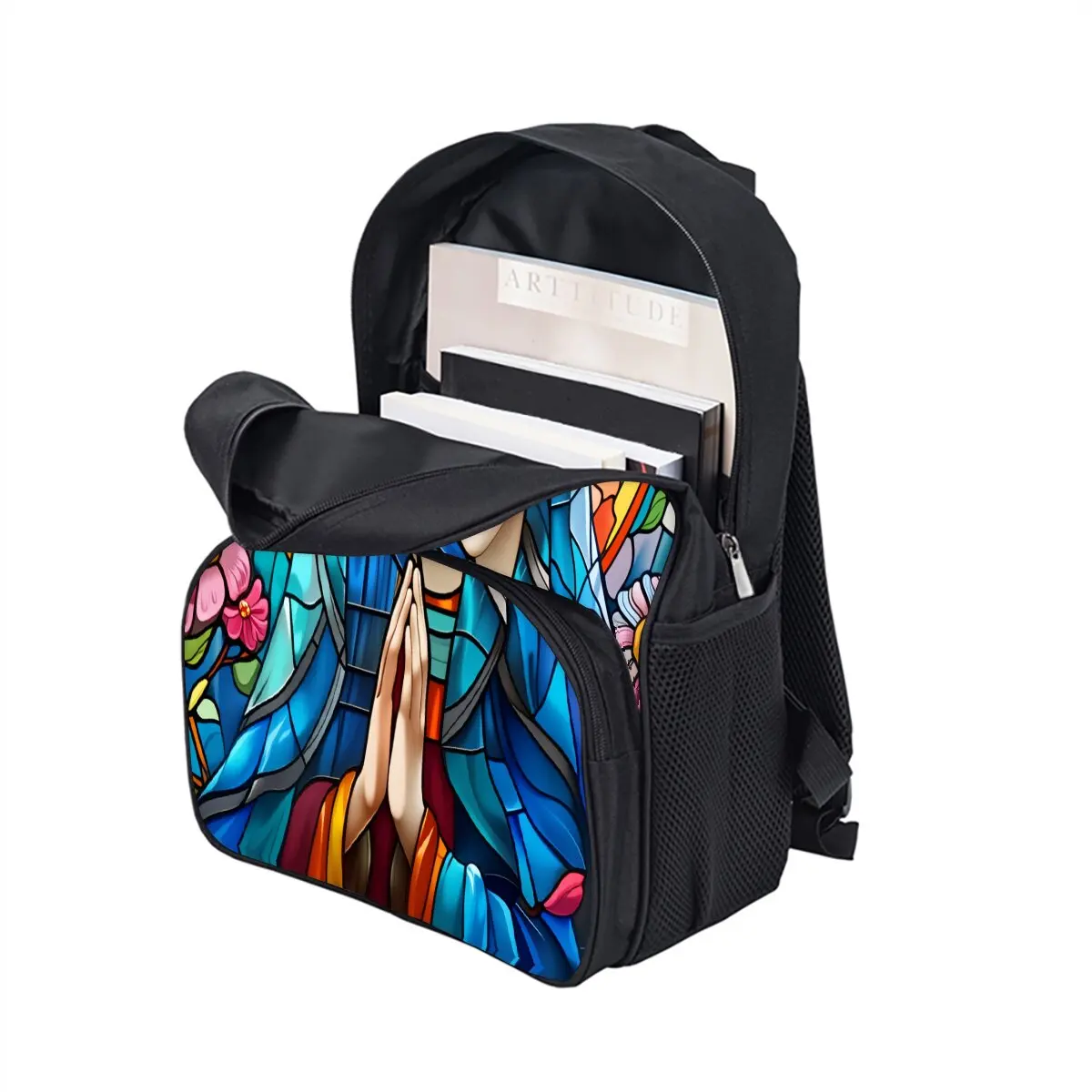 حقيبة ظهر مدرسية مطبوعة من مريم العذراء للبنين/الفتيات أفضل هدية مقاومة للماء ثلاثية الأبعاد حقيبة جيب أمامية مستديرة كرتونية للأطفال