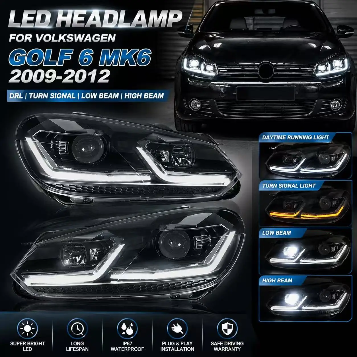 Светодиодная фара для Volkswagen Golf 6 Mk6 2009-2012 с дневными ходовыми огнями, автомобильные аксессуары для модификации