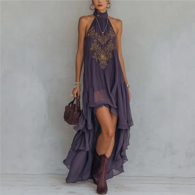 2026 Neues Sommerkleid im Europäischen und Amerikanischen Stil, Lila Elegantes Freizeitkleid mit Rollkragen, Ärmellos und Rüschen, Langes Kleid