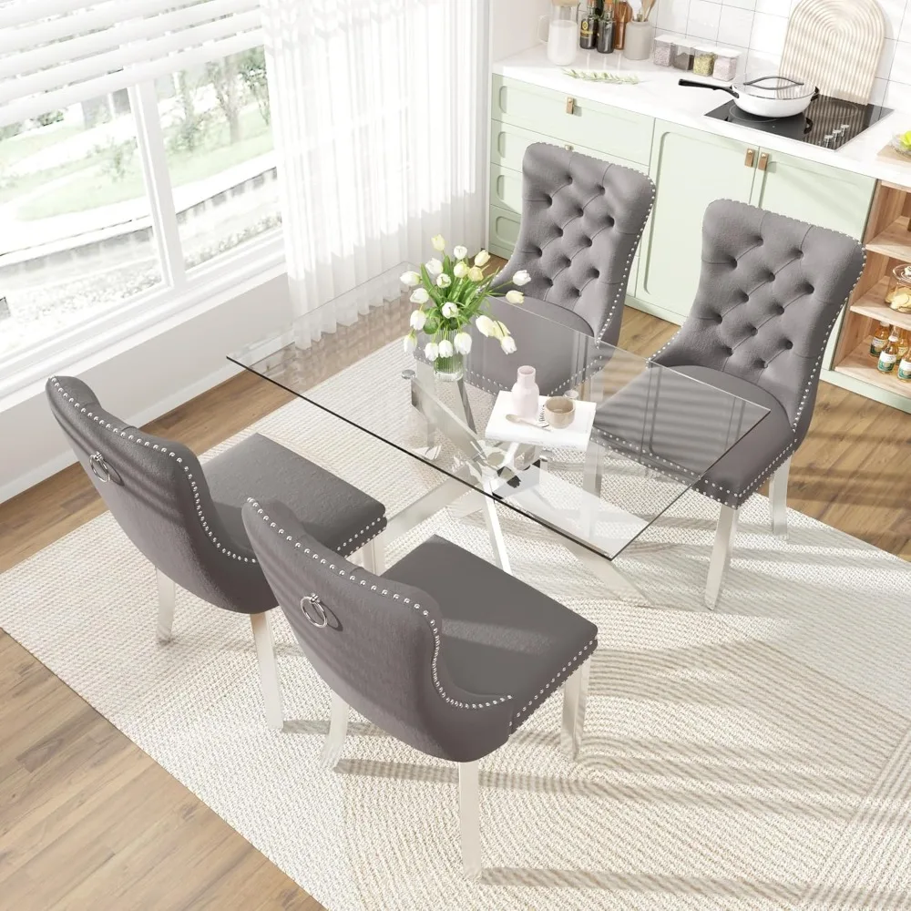 طقم طاولة طعام زجاجية مقاس 51 بوصة لـ 4، طاولة مطبخ زجاجية مستطيلة مع 4 كراسي مخملية منجدة، 5 قطع حديثة #2