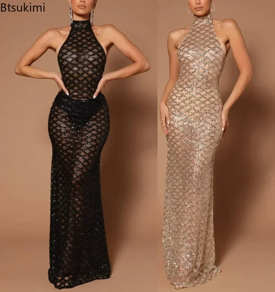 

2025 Sexy Backless Halter Dress For Women Diamond Sleeveless Solid Long Robe Ladies Fashion Perspective Evening Party Dresses