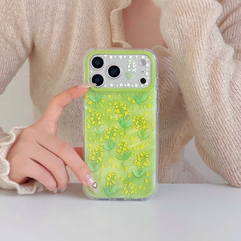 

Fashion Spring Green Flower Pattern Phone Case For iPhone 17 Pro 15 16 Pro Max Cover Shockproof Cute Protective Cases Girls Fund