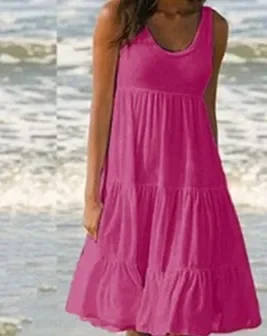 Women Causual O Neck Sleeveless Ruffles Mini Dress Boho Solid Beach Sundress Oversized Loose Dress 2025 Summer New