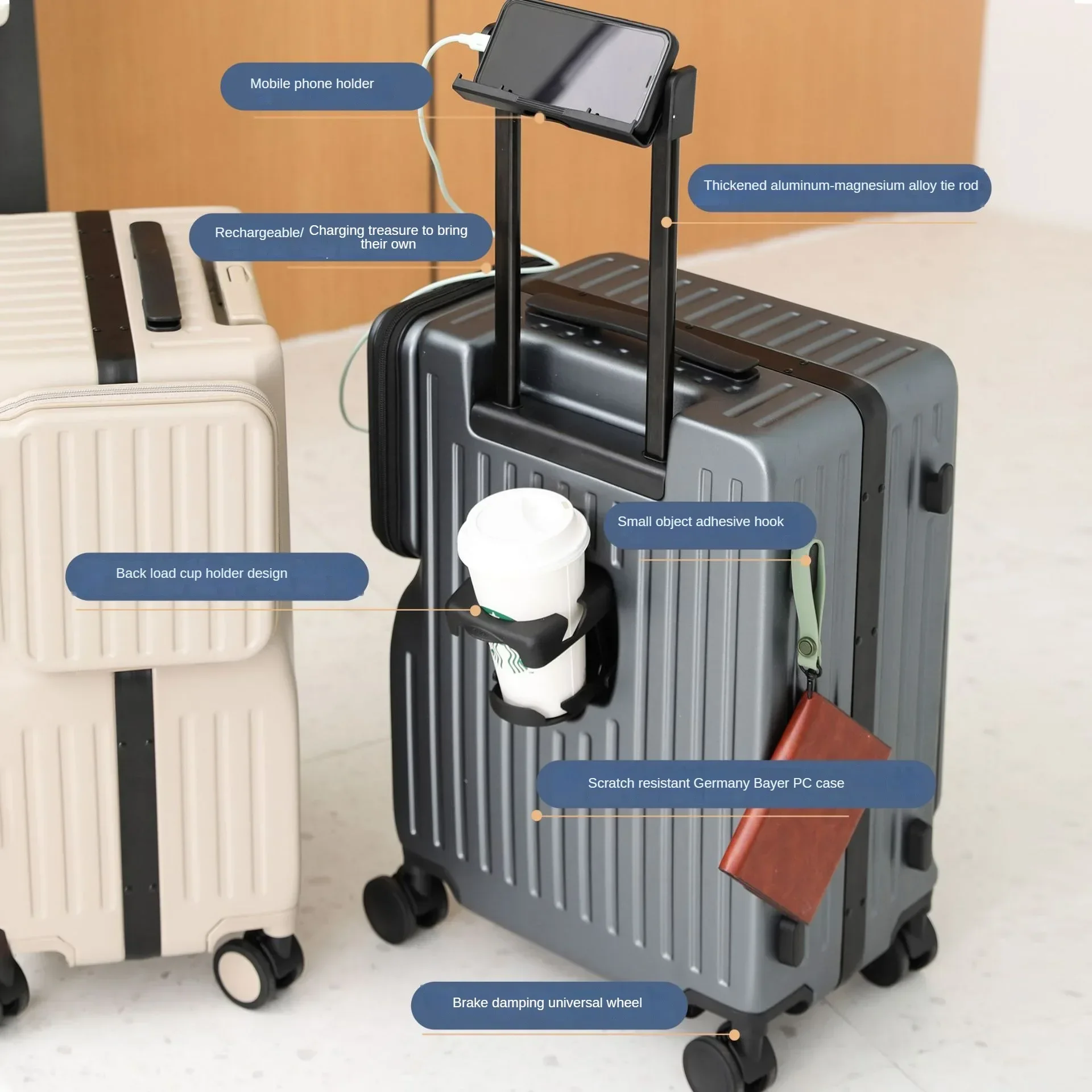 Mala de bagagem com abertura dupla, capa frontal aberta, capa de embarque de 20 polegadas, capa com zíper anti-queda, carrinho multifuncional